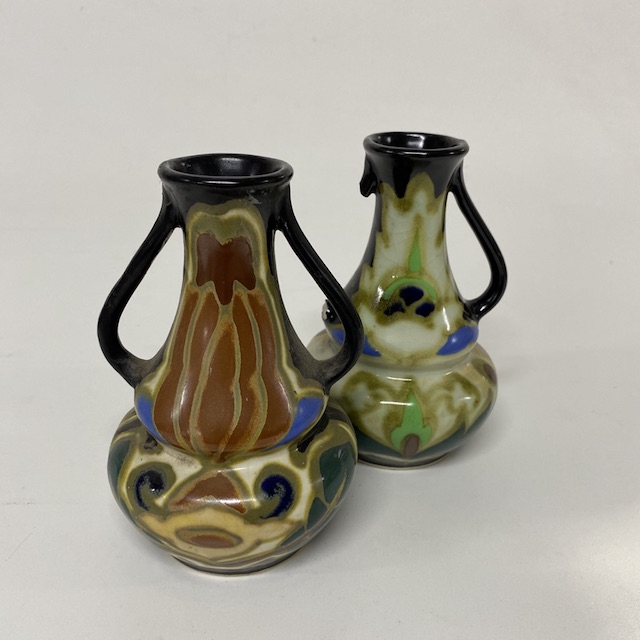 CANDLE HOLDER, Pair Black Rust Green Blue (one w broken handle)